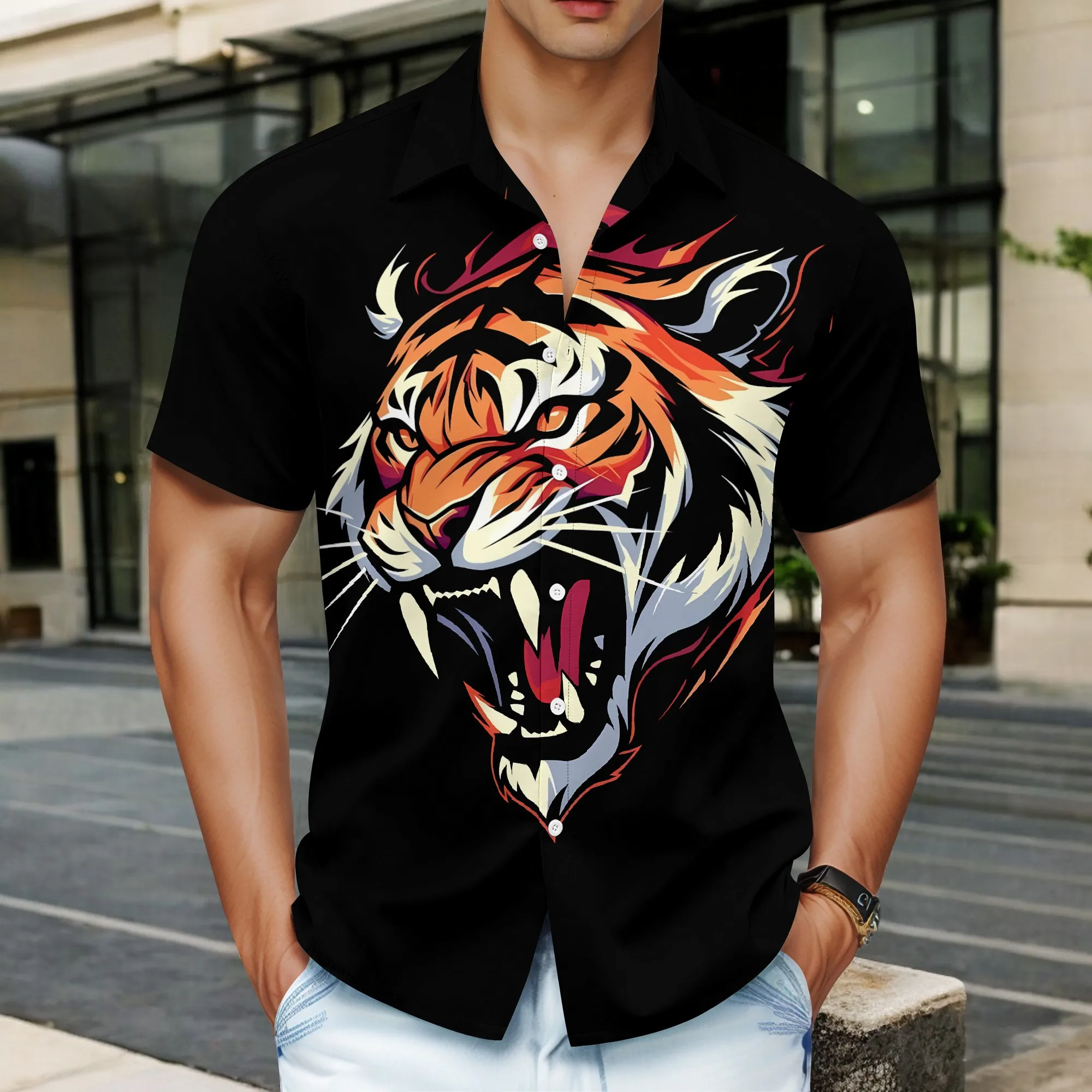

YEAE Flame Tiger Head Print Shirt for Men Summer Casual Short Sleeve Top