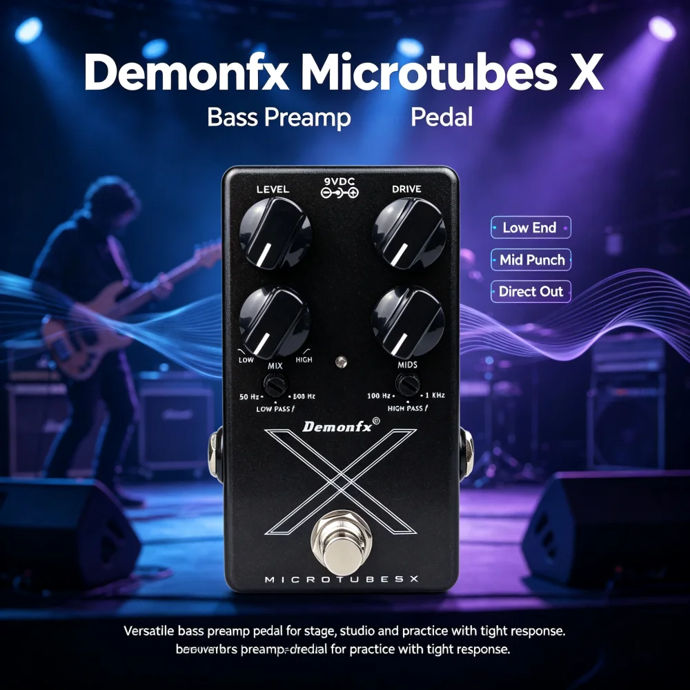 Demonfx Microtube X Electric Bass Preamp DI Effects Pedal with Level Drive Low mid High Controls for Stage Studio Practice