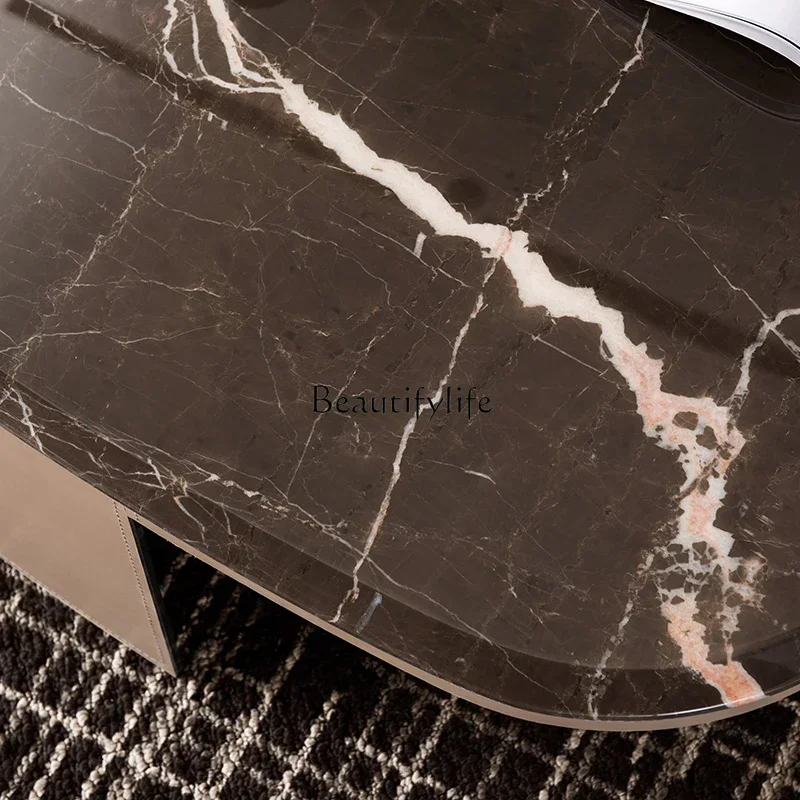 2Italian minimalist saddle leather coffee table light luxury household natural coffee mesh marble tea table