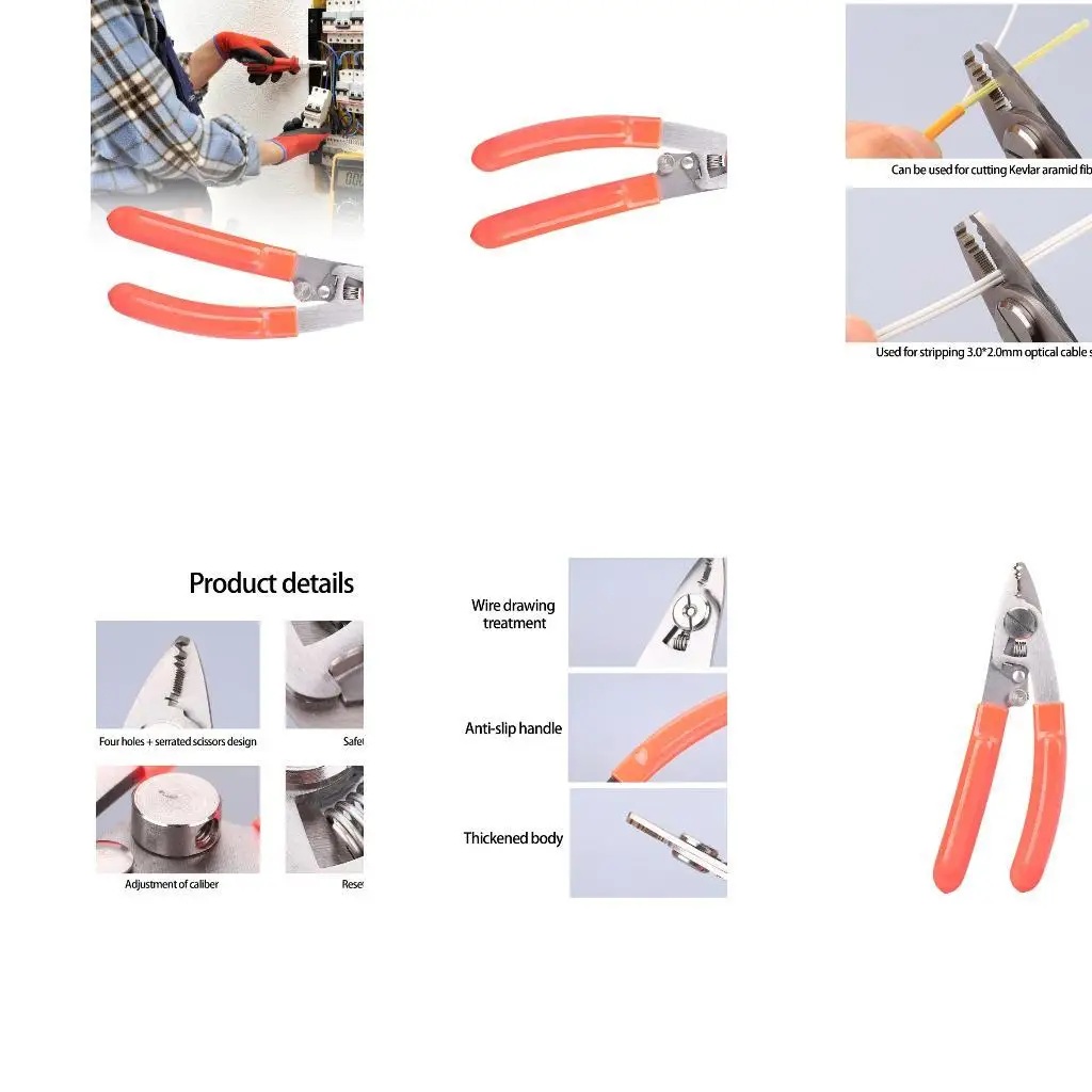 652F Professional 4 Port Fiber Cable Stripping Tool Adjustable Jaw Spring Mechanism Kevlars Shear Function