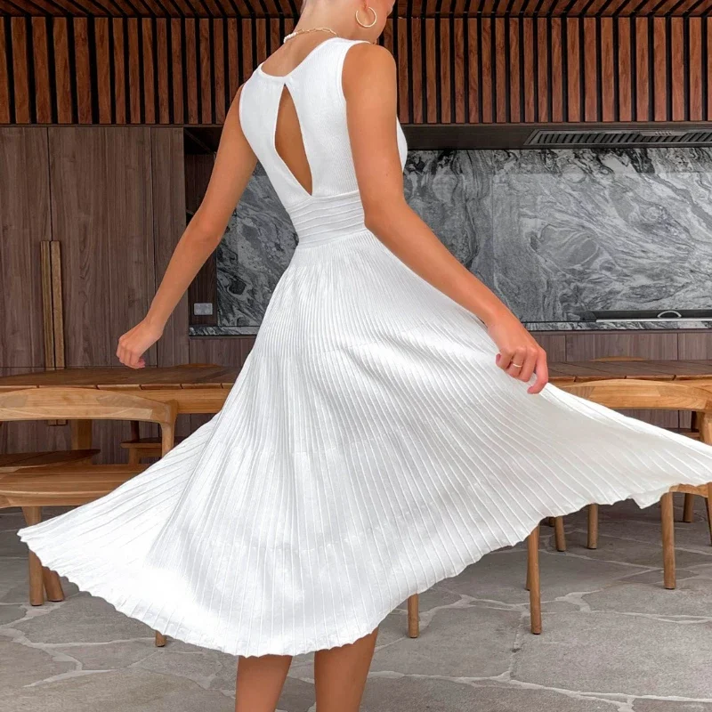 DINADD Stricken Gefaltetes Langes Kleid Für Frauen V-ausschnitt Ärmelloses Hohe Taille Kleid Weibliche Solide Büro Dame Mode A-Line Kleid