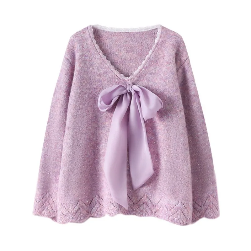 

Фиолетовый вязаный свитер, пуловеры, модная корейская версия, бант, v-образный вырез, мягкий восковой женский осенний топ большого размера, толстый мм, темпераментный тонкий топ