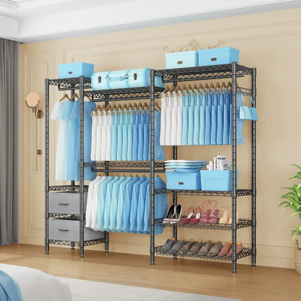 Garment Rack Heavy Duty Clothes Rack with 2 Shoes Racks & Fabric Drawers, 1 Side Hook, Metal Garment Racks for Hanging Clothes