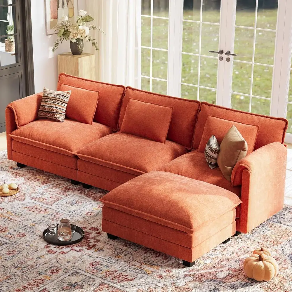 

Large 4-Seat L-Shaped Deep Seating Sectional Sofa with Movable Ottoman and Pillows in Chenille Orange