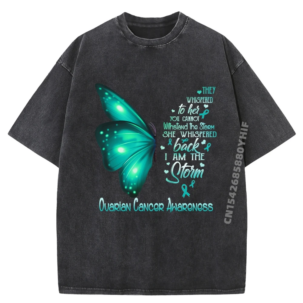 

I Am The Storm Ovarian Cancer Awareness Butterfly Mens Clothing 2025 High Quality Mens Retro Washed Shirt