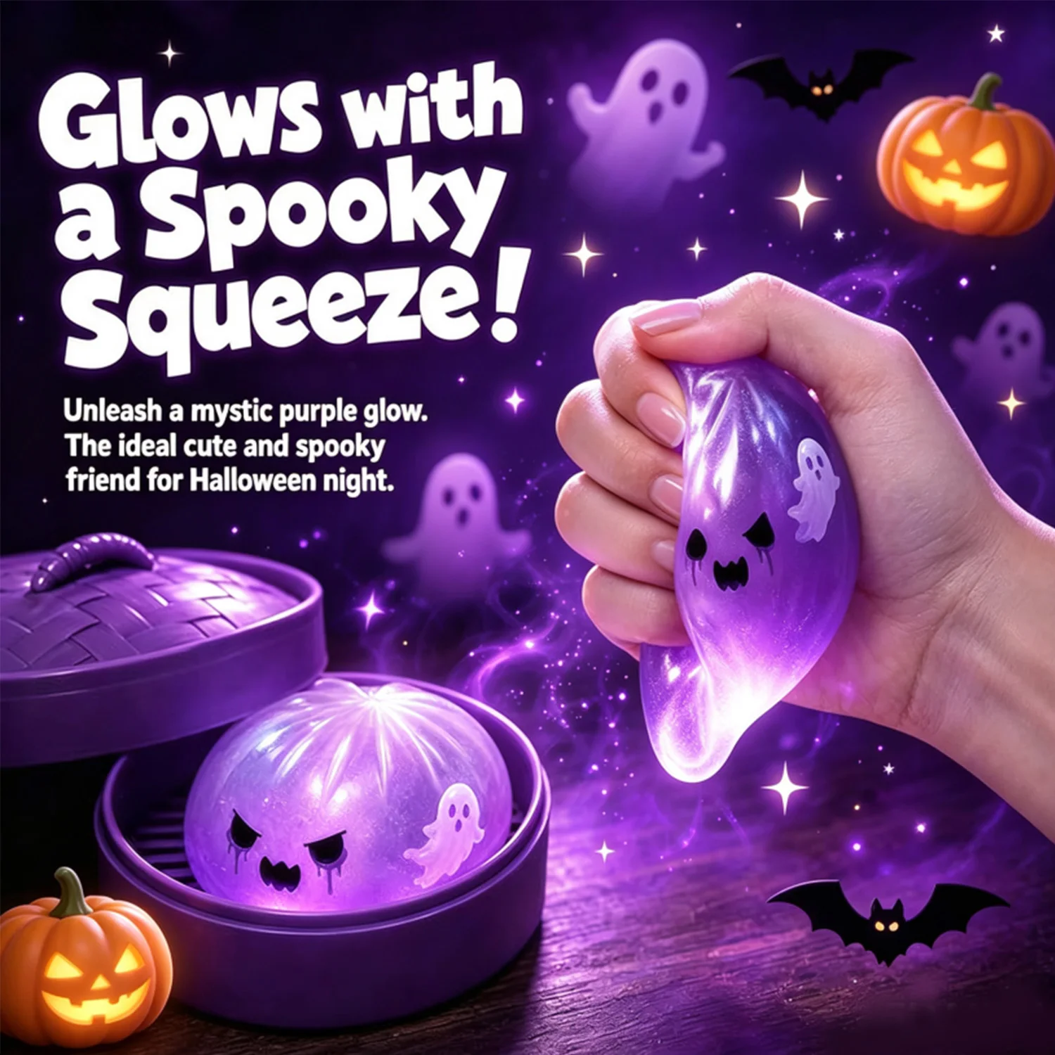 Glitter Halloween Ghost Bun Squishy Toy, Soft Slow-Rebound Stress-Relief Toy, Bun Gift Box with Steamer