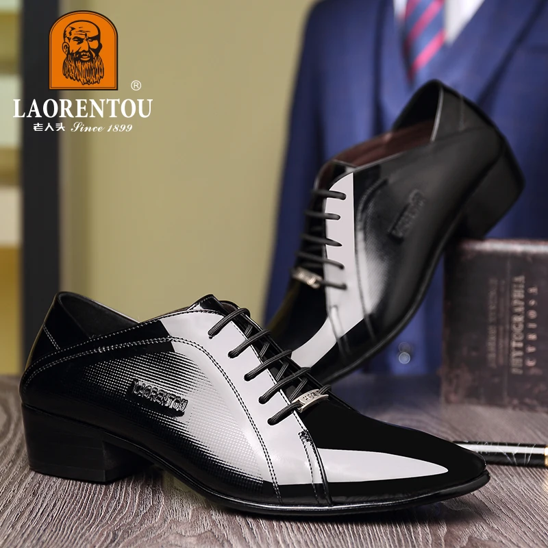 LAORENTOU layer cowhide breathable business dress leather shoes with  lace up middle heel, Derby groom\'s wedding shoes 20222