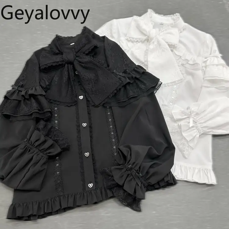 

Autumn New Original Japanese Sweet Cute Style Versatile Tops Lace Bow Solid Color Blouse Long Sleeve Shirt for Girls