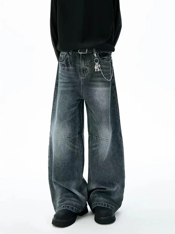 

American Retro Waed Denim Jeans Men's Loose Straight Leg Floor-Length Pants Cleanfit Vintage Sle Casual Trousers