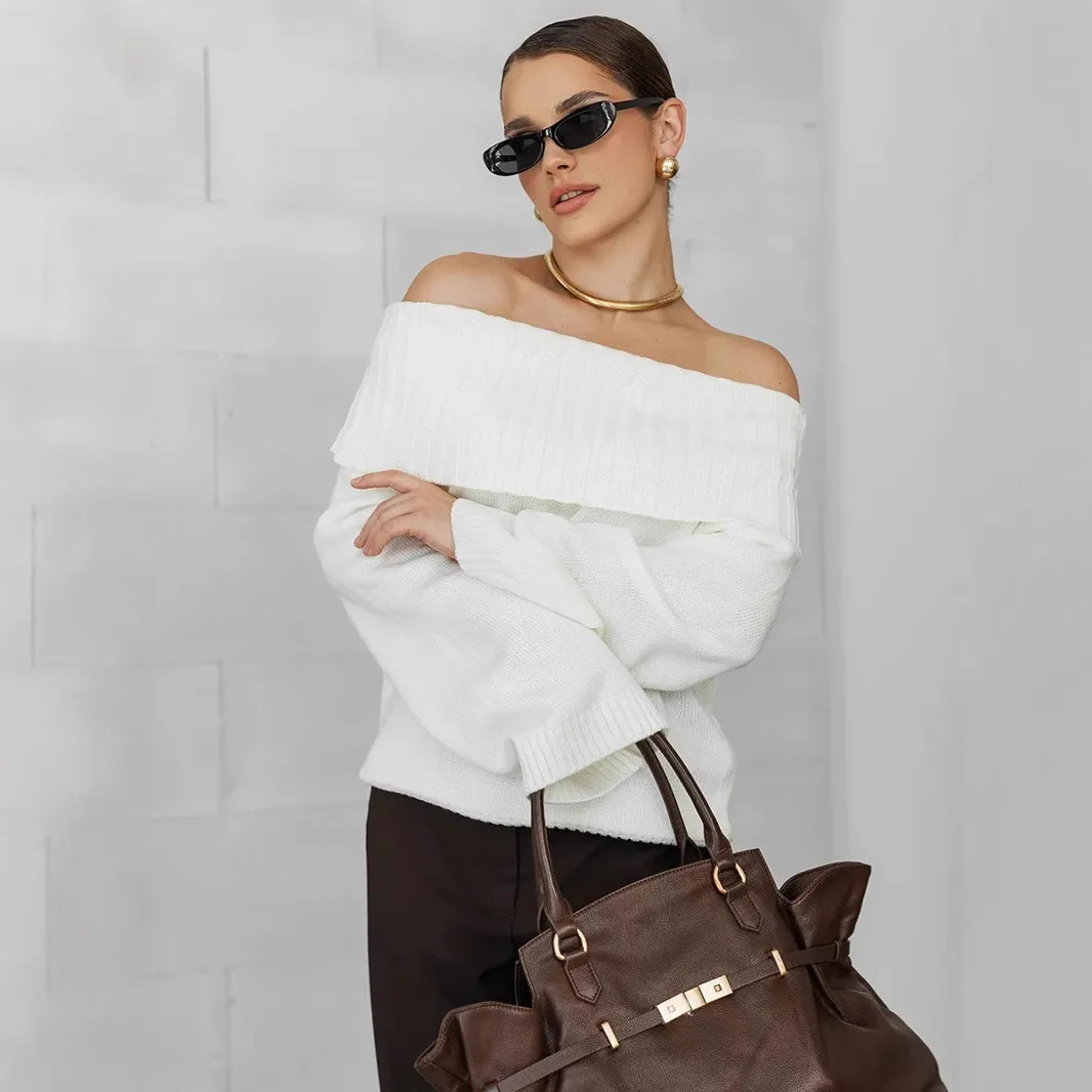 

Solid Off-Shoulder Sweater Loose Slash Neck LongSleeve Knitted Pullovers Women Autumn WinterFashion Casual Lady