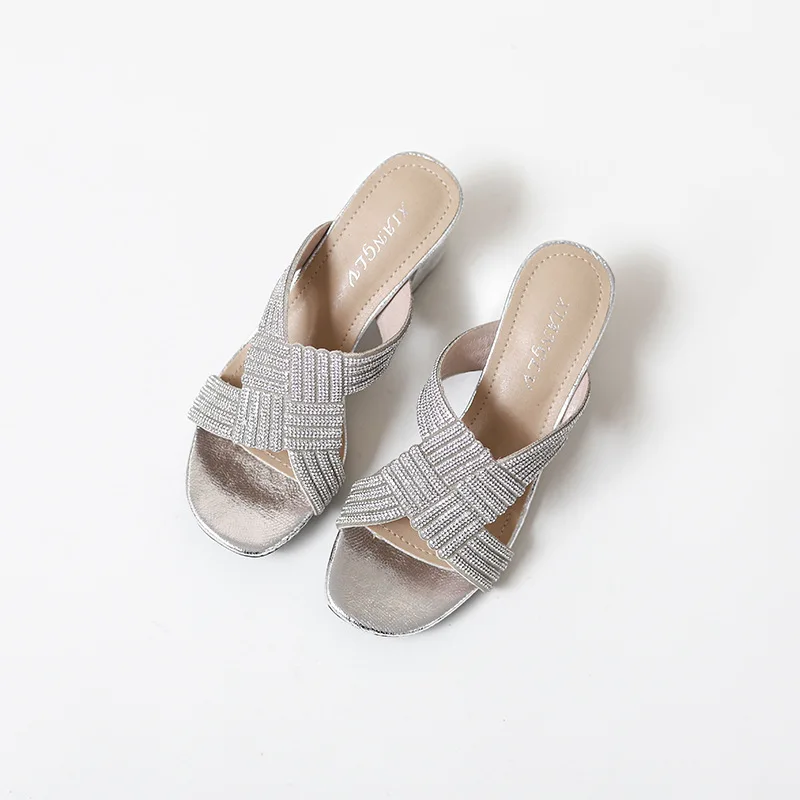 322-7 High Heel Sandals 2023 Summer Fashion Thick Heel Daily Versatile Rhinestone Roman Shoes Women