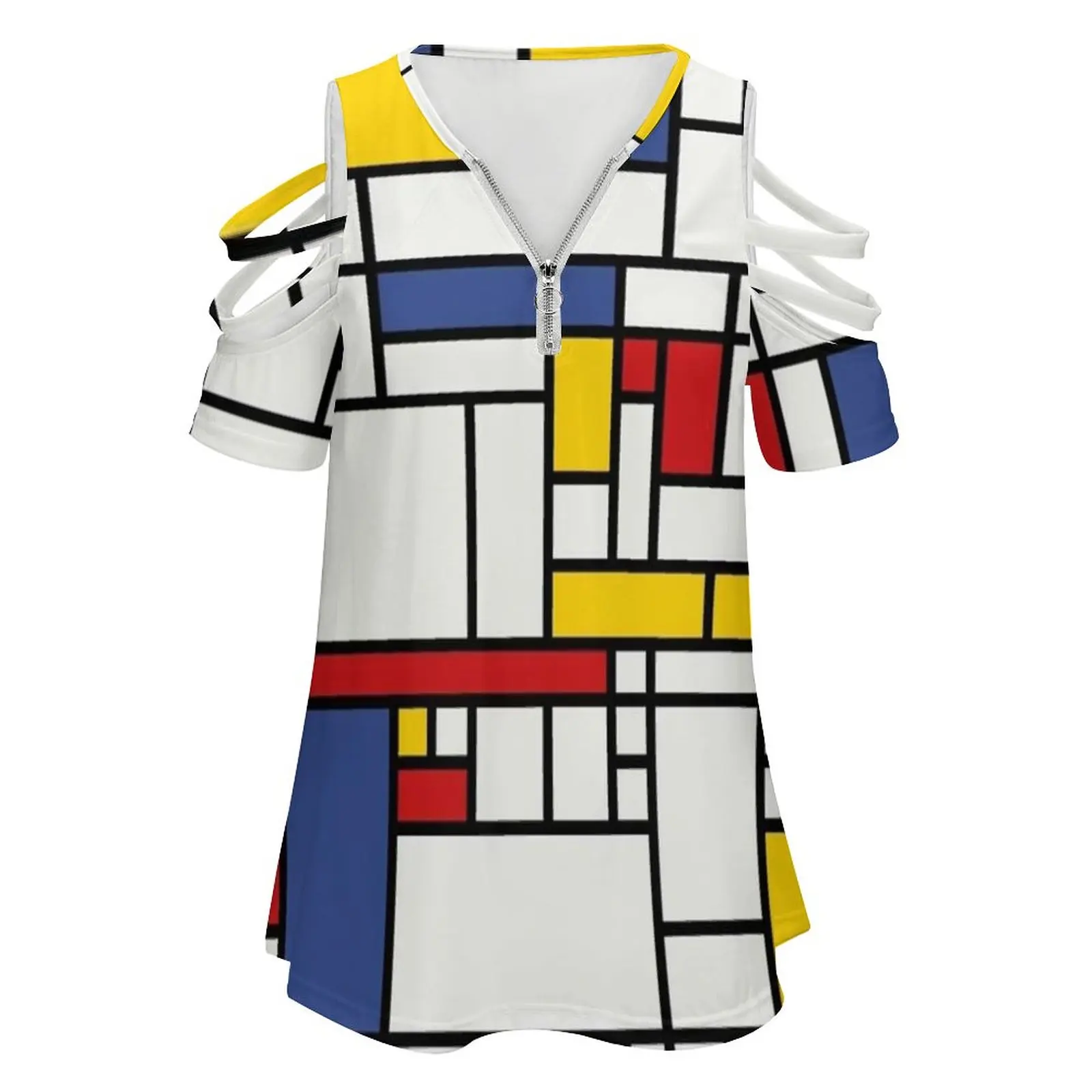 Piet Mondrian Women's T-Shirt Summer Fashion Print Floral V-Neck Zipper Tshirt Hollow Pullover Ladies Top Piet Mondrian