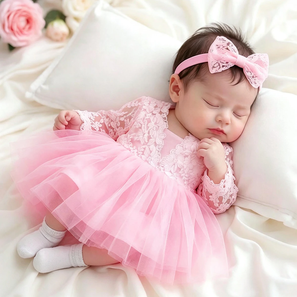 Newborn Photography Princess Outfit BabyGirl White Lace Tulle Dress withHat Newborn Infant Christening Gown Photo Shoot OutfitHD