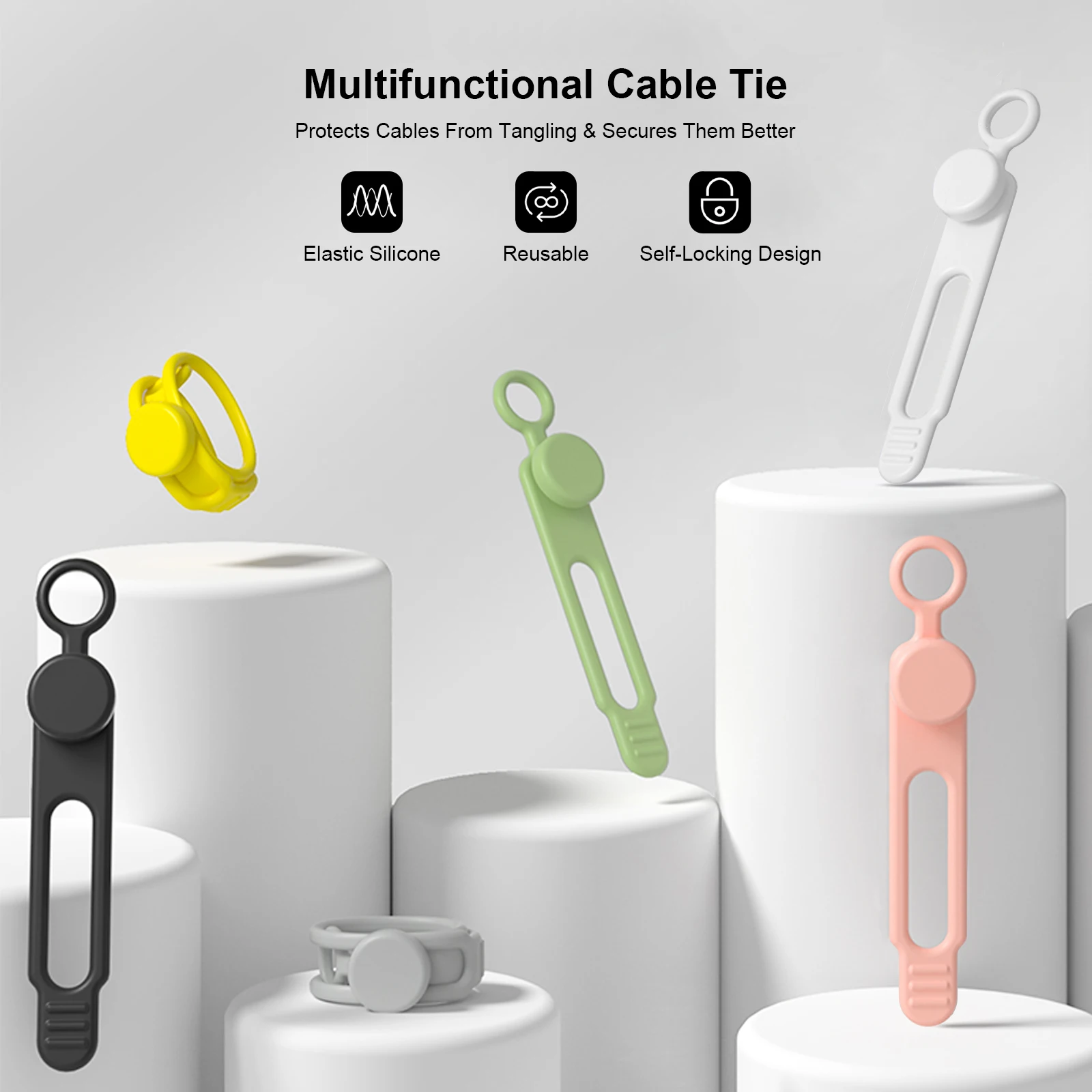 Reusable Cable Ties, Elastic Silicone Cable Straps, Cord Organizer, Cable Organizer Straps for Bundling Earphone Cable Cord Wire