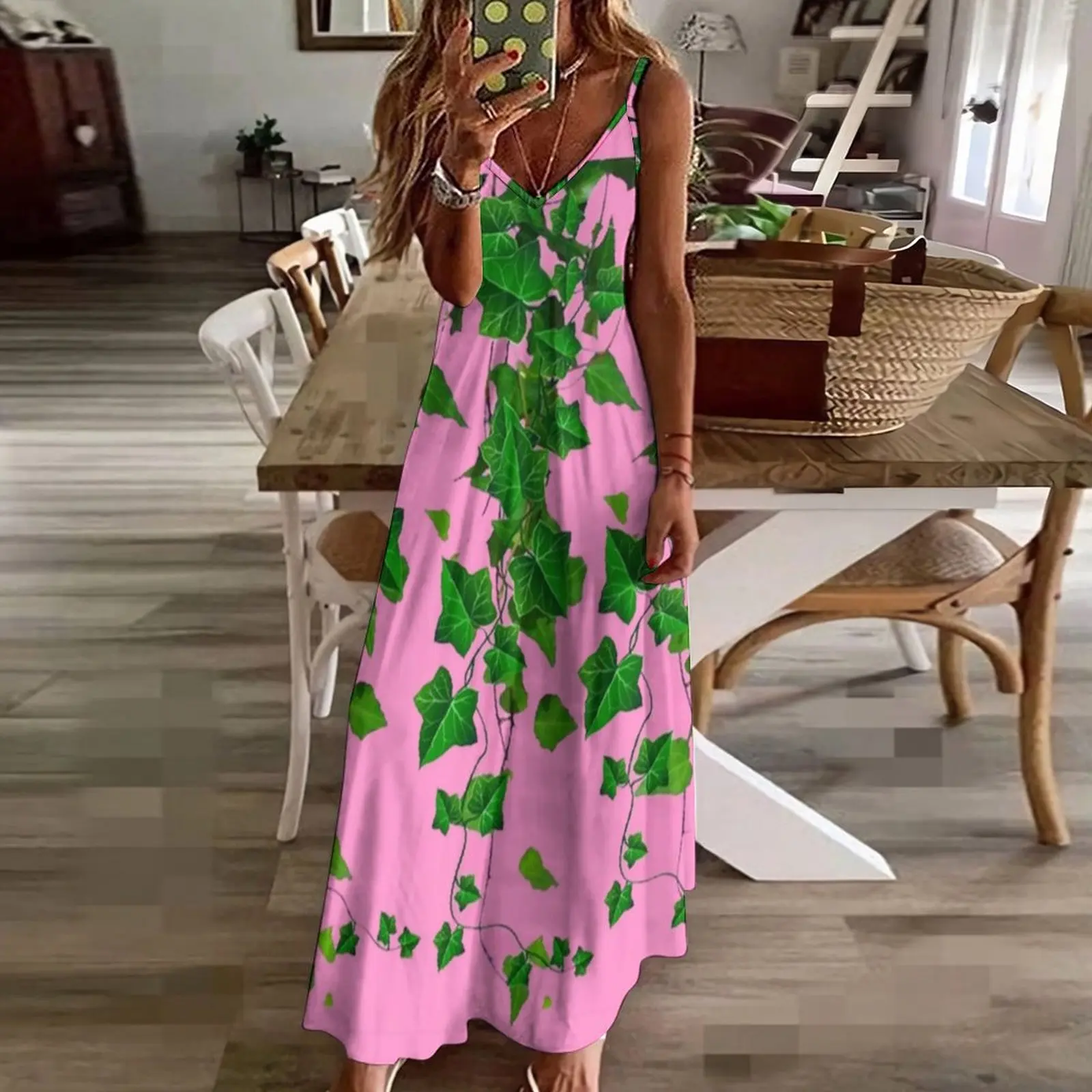 GREEN IVY HANGING LEAVES VINES PINK ART Sleeveless Dress women\'s summer clothing 2024 Prom gown Woman dresses