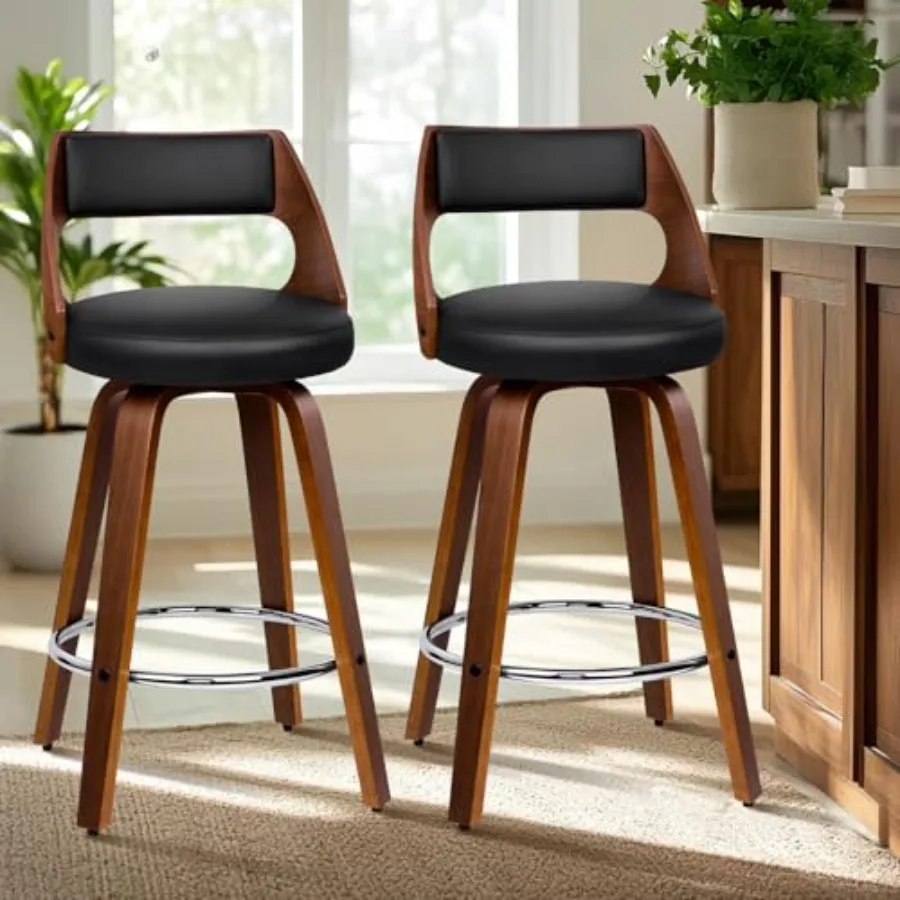 

Counter Height Bar Stools Set of 2 with 26 Swivel Design PU Leather Upholstered Seats Curved Bentwood Backrest and Legs MidCent