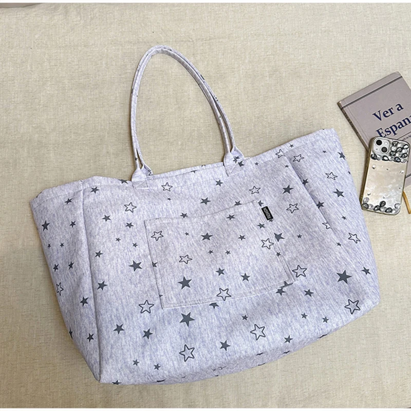 Koreanische Tragetasche mit Sterndruck, Damen-Shopper-Schultertasche, geräumige Handtasche für den täglichen Gebrauch, einfarbig, vielseitig, minimalistisch – Detail 6