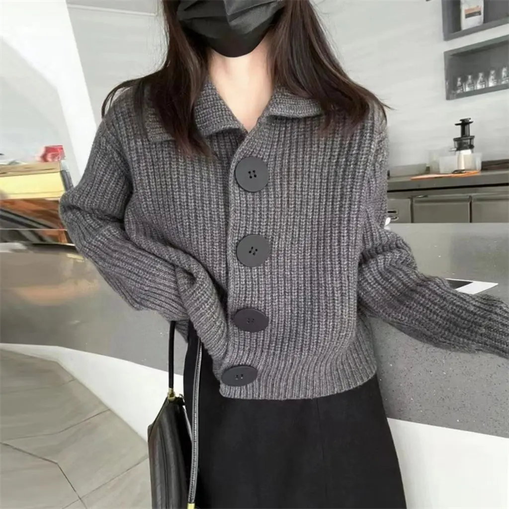 

Women's Knitted Cardigan Long-Sleeved Pure Color Korean Style Loose Fashionable Outer Button Sweater Jacket for Autumn Winter