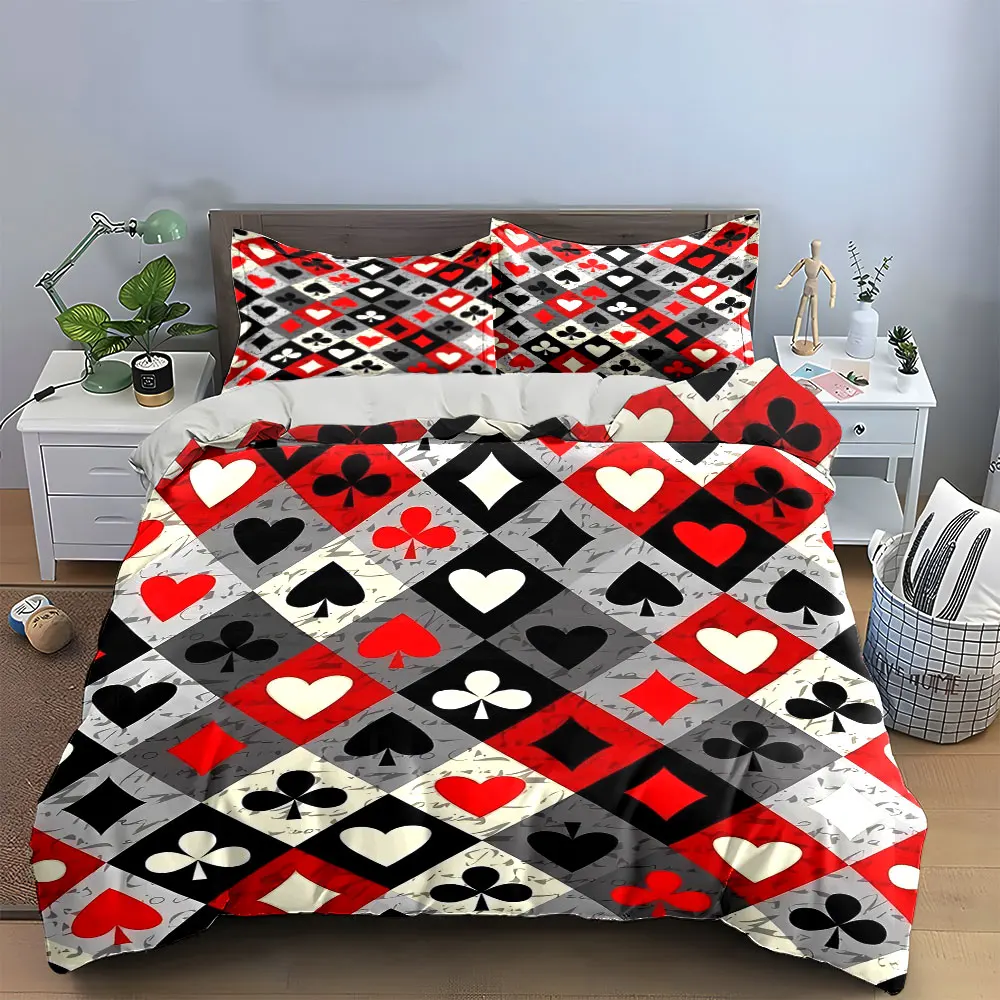 

Poker Suit Argyle Vintage Duvet Cover Set, Red Black Grey Card Pattern Bedding Includes 1 Duvet Cover And 2 Pillowcase, Gift