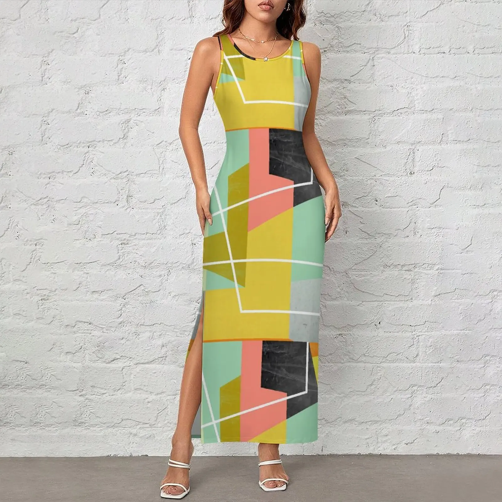 Women Bodycon Dress Kawaii ColorBlock Maxi Dresses Summer Geometry Print Sleeveless Streetwear Graphic Dress Big Size 3XL 4XL