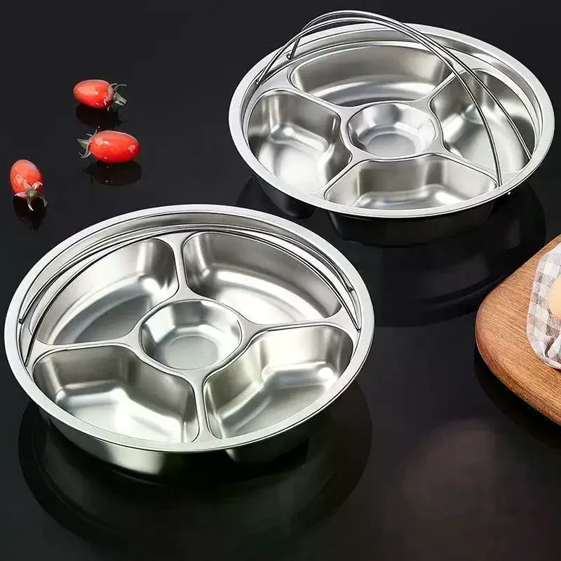 Easy Stackable Stainless Steel 5 Grid Steaming Plate Divided Food Tray with Handle for Kitchen Space Saving