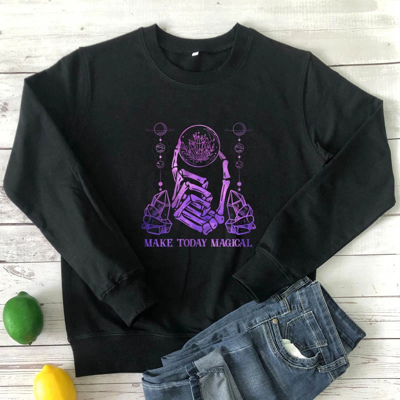 

make today magical witch Sweatshirt Aesthetic women long sleeve jumper skeleton hand with crystal goth pullover