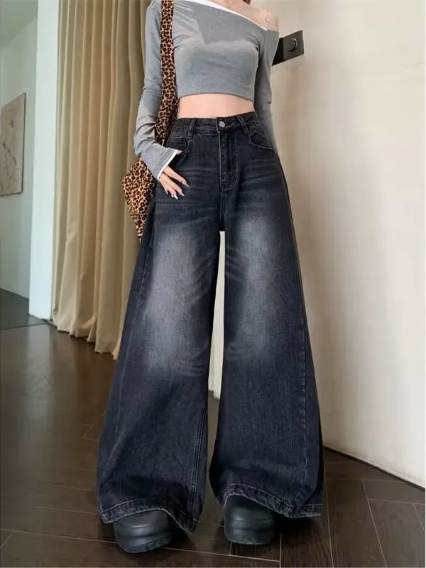High Waist Wide Leg Jeans Women's Loose Fit Straight Korean Style plus Size Denim Pants for Pear Shaped Body Retro Wash