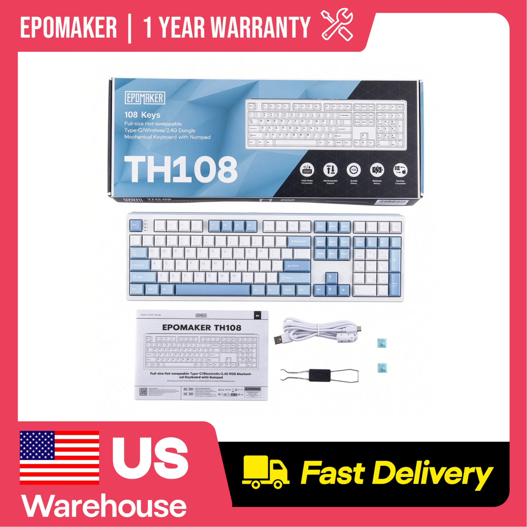 EPOMAKER TH108 100% Full Size Gasket Wired/BT/2.4Ghz Wireless NKRO Mechanical Gaming Keyboard 10000mAh Battery RGB Backlit