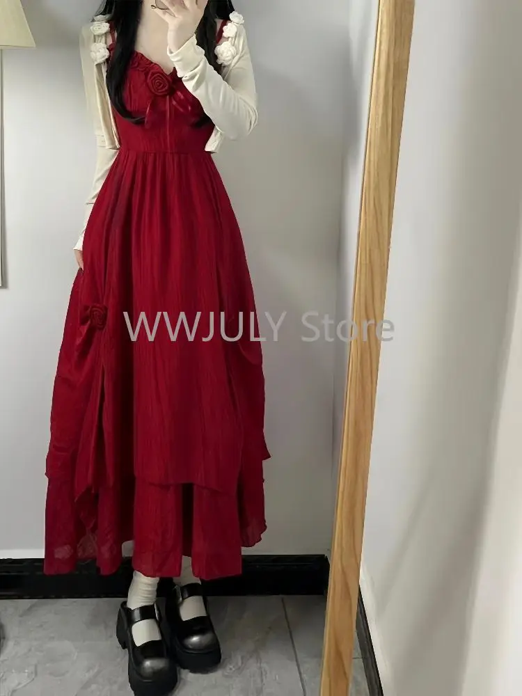 Elegant Holiady Dress Set Woman Casual Y2k Crop Tops + Red Sexy Sleeveless Midi Dress Vacation Style Korean Fashion 2 Piece Set