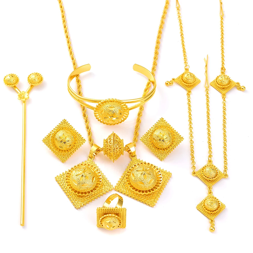 

Luxury Gold Plated Bridal Jewelry Sets for Women Ethiopian Pendant Hairpin Necklace Earrings Bangle Ring Wedding Gift