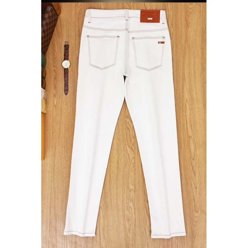 

Осень/зима 2022, новые мужские джинсы высокого класса с вышивкой, три иглы, белые повседневные брюки для маленьких ног, мужские брюки