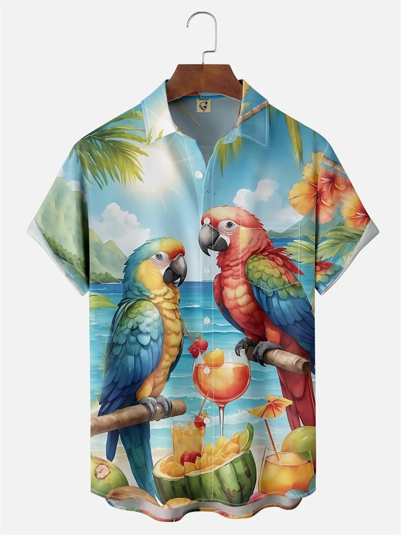 Camisa Havaiana Unissex com Estampa Divertida de Papagaio, Gola Lapela e Manga Curta, Nova Coleção Verão 2026, Estilo Harajuku para Férias