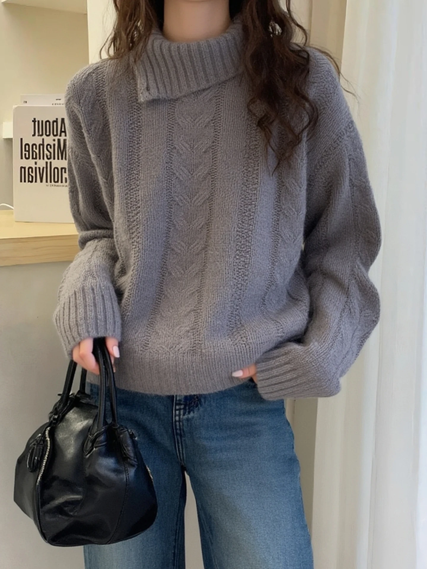 

Retro Sle High Collar Loose Long Sve Warm Color Knitted Sweater Winter Faionable Top for Women Comfortable Inner...