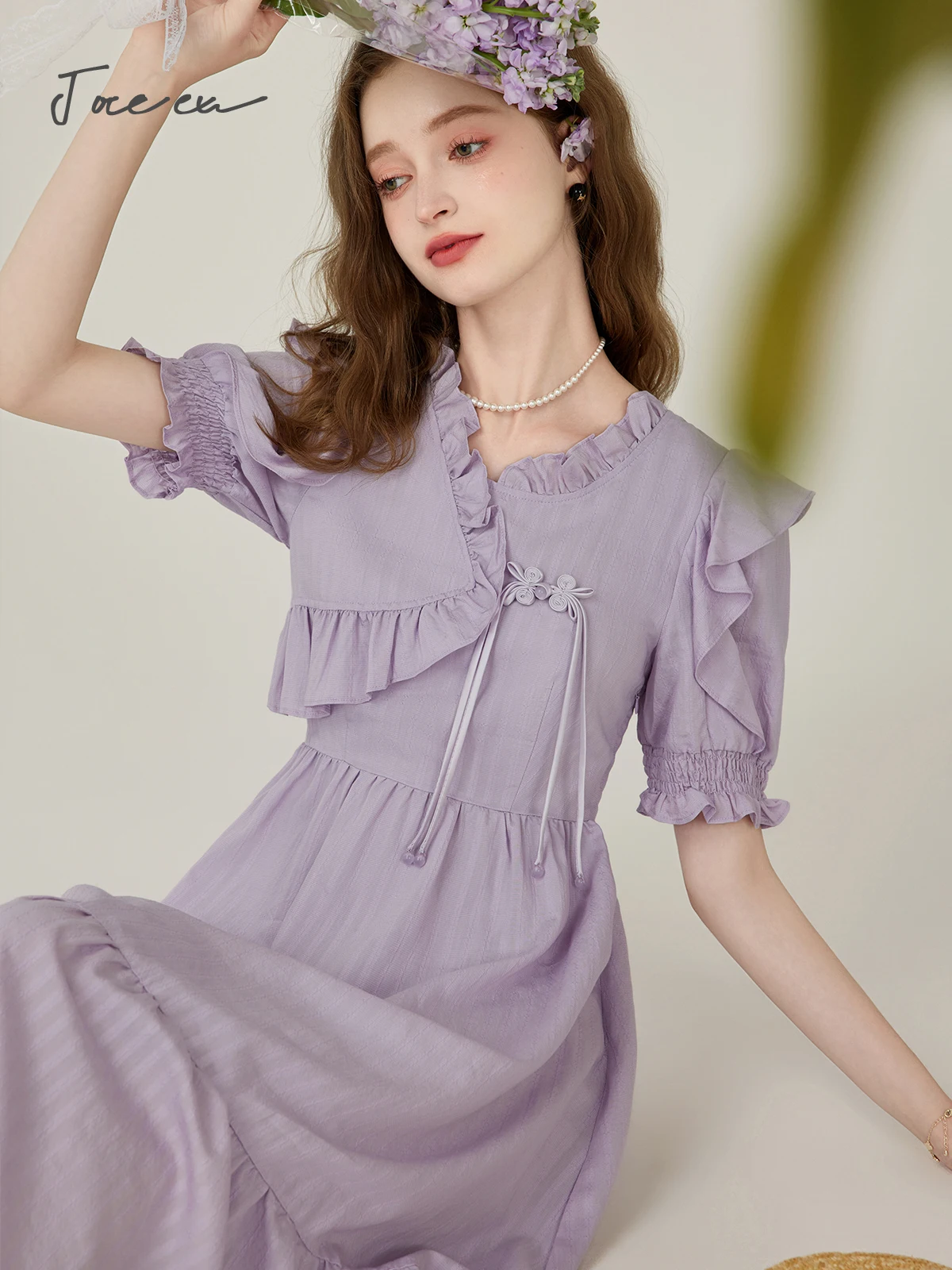 JOREEU French Style Gentle Short Sleeve Dress for Women 2024 Summer Fashion Purple Elegant Midi Dresses Woman Clothes T01512