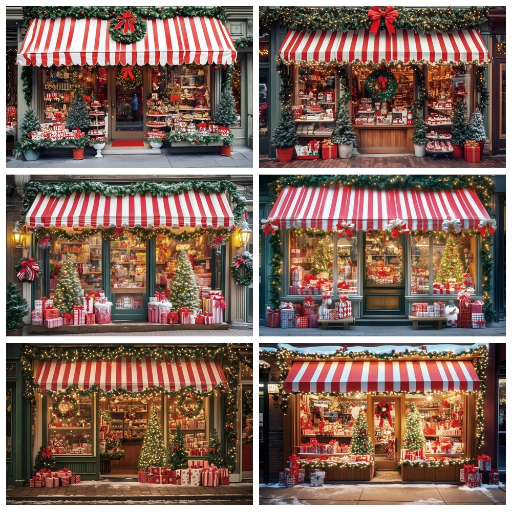 

Christmas Gift Shop Backdrop Winter Window Christmas Tree Kids Portrait Xmas Party Decor Photography Background Photo Studio