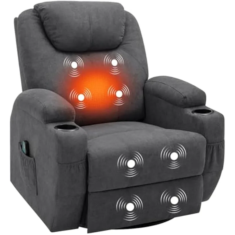 

Swivel Rocker Recliner with Massage and Heating Functions, Sofa Chair with Remote Control and Two Cup Holders, Suitable for