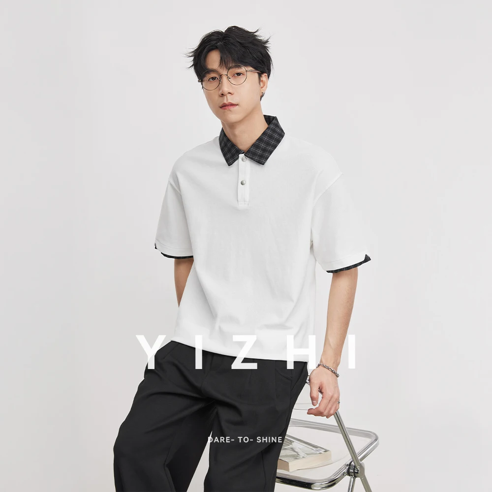 

Men's Plaid Patchwork Polo Shirt 2026 Summer Heavyweight 210g Lapel Loose Color-Block Versatile Trendy Short Sleeve T-Shirt