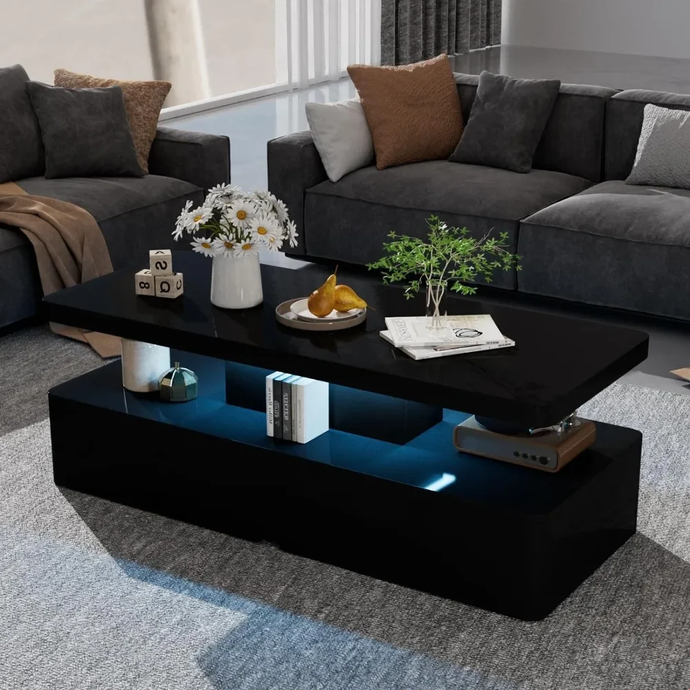 Table Basse Moderne avec 16 Couleurs LED, Design Double Couche pour Salon, Noir