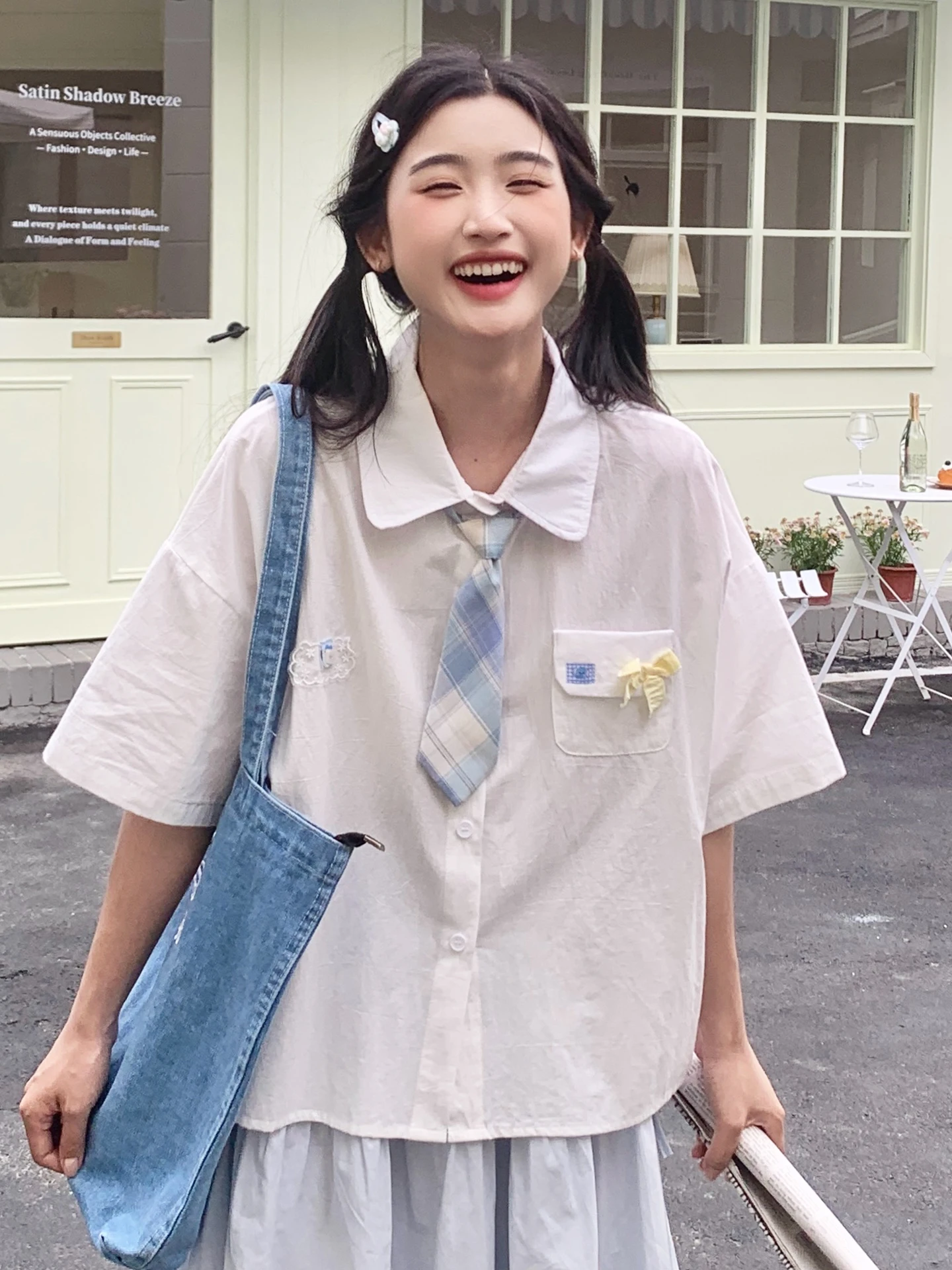 

Уникальная стильная белая рубашка с коротким рукавом и завязками, женская модная летняя рубашка в японском стиле из смеси хлопка и полиэстера, дышащая