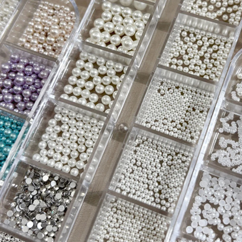 

12 Grids/Box 1.5mm-5mm Round Colorful Pearls Nail Beads Nail Charms Nail Jewels Half Round Pearl Gems DIY Nail Art Decor