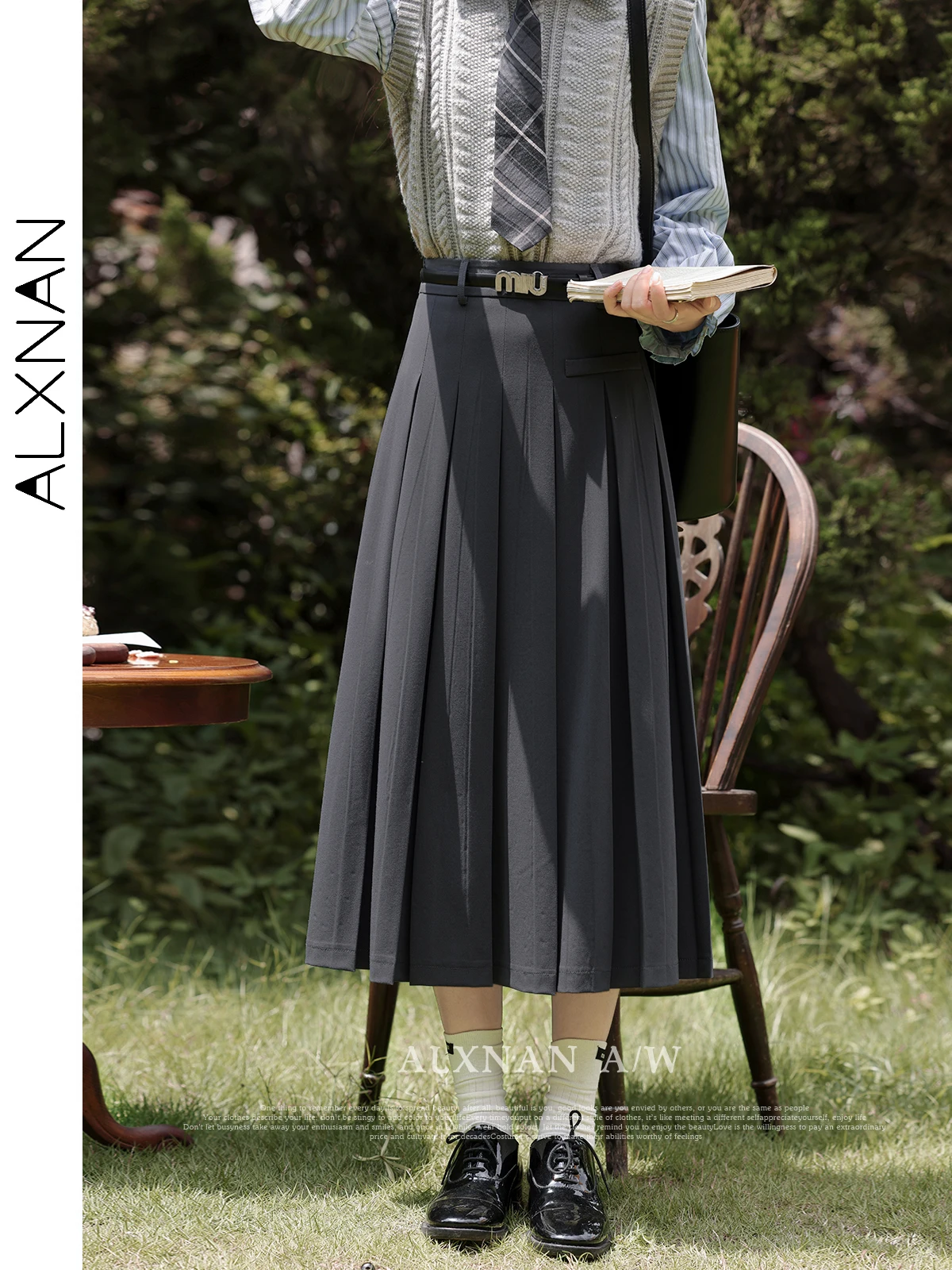 ALXNAN Casual Draped Loose Skirt For Women 2024 New Autumn Fashion Solid Pleated Waist With Pocket Female Midi Skirt TM00215