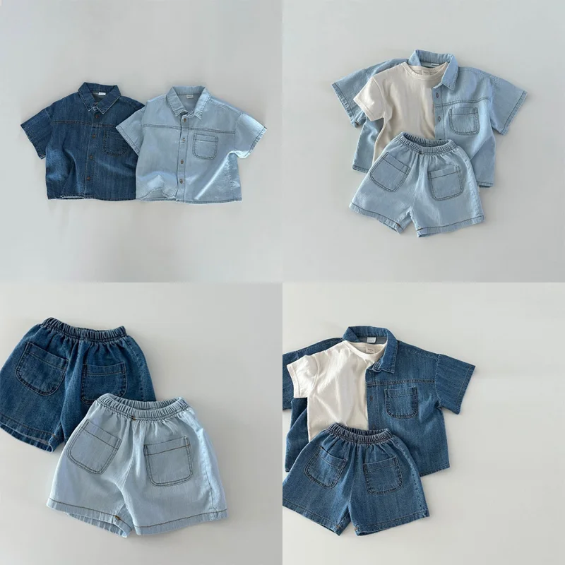 

2024 Korean Children Clothing Set 2024 Summer New Boy's Denim Suit Short-sleeved Shirt +Shorts Casual Girl's Two Piece Suit