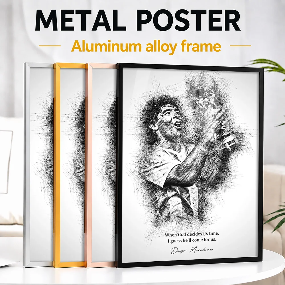Maradona Argentina Framed Aluminum Metal Poster Personalized Sketch Drawing Wall Art For Home Office, Soccer Enthusiast Gift