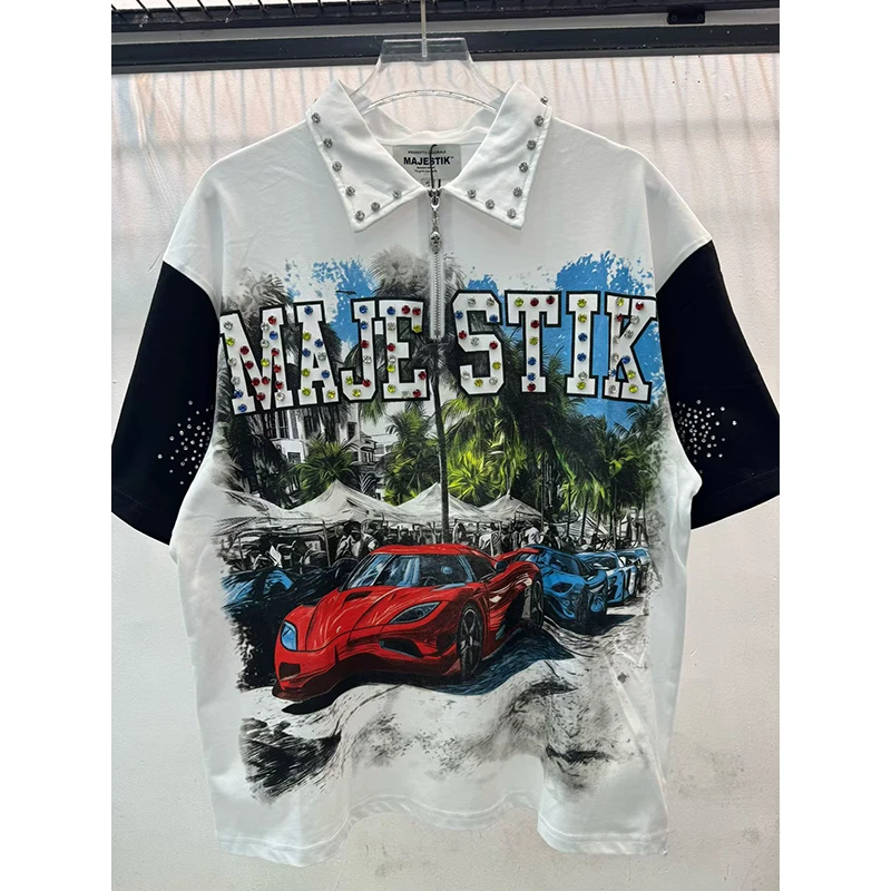 Y2K Streetwear Oversized Half-Zip Poloshirts für Männer, Bunter Glänzender Diamant-Graffiti-Druck, Locker Sitzend, Hip-Hop Casual T-Shirt – Detail 6