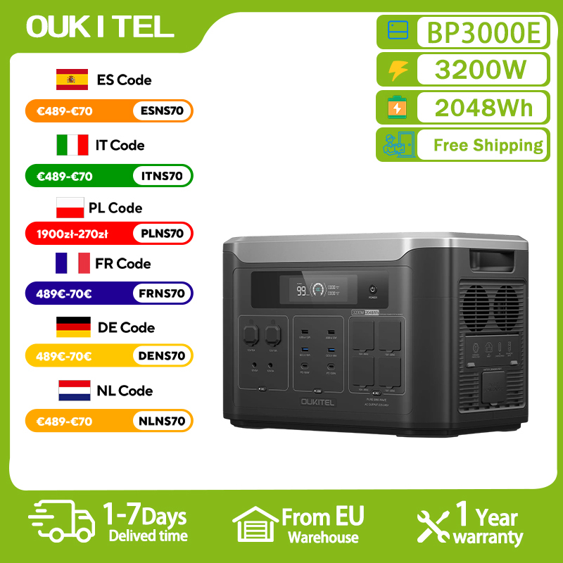 OUKITEL BP3000E Portable Power Station 2048Wh LiFePO4 Battery Solar Generator 3200W AC Output 220V EU Plug Smart App Control Home Backup Emergency Power Supply Outdoor Camping RV Energy Storage Pure Sine Wave UPS Fast Charging
