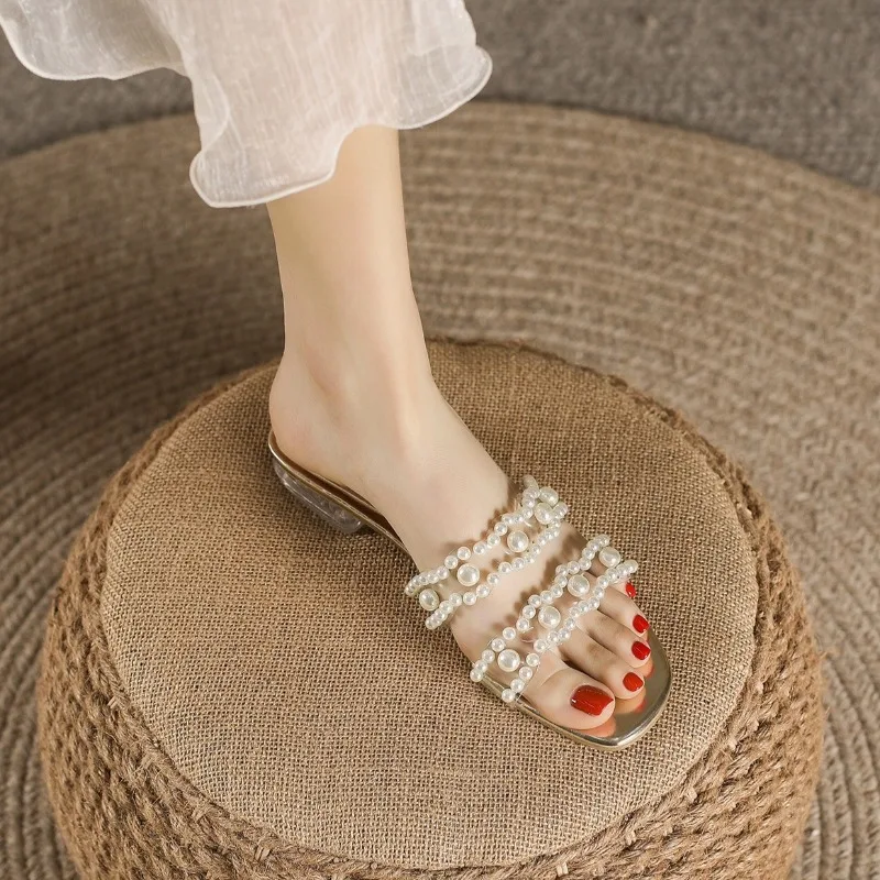 

Summer Hot-selling Transparent Heel Pearl Decorative Women's Sandals Fashion Open-toe Elegant Women's Slipper Sandalias De Mujer