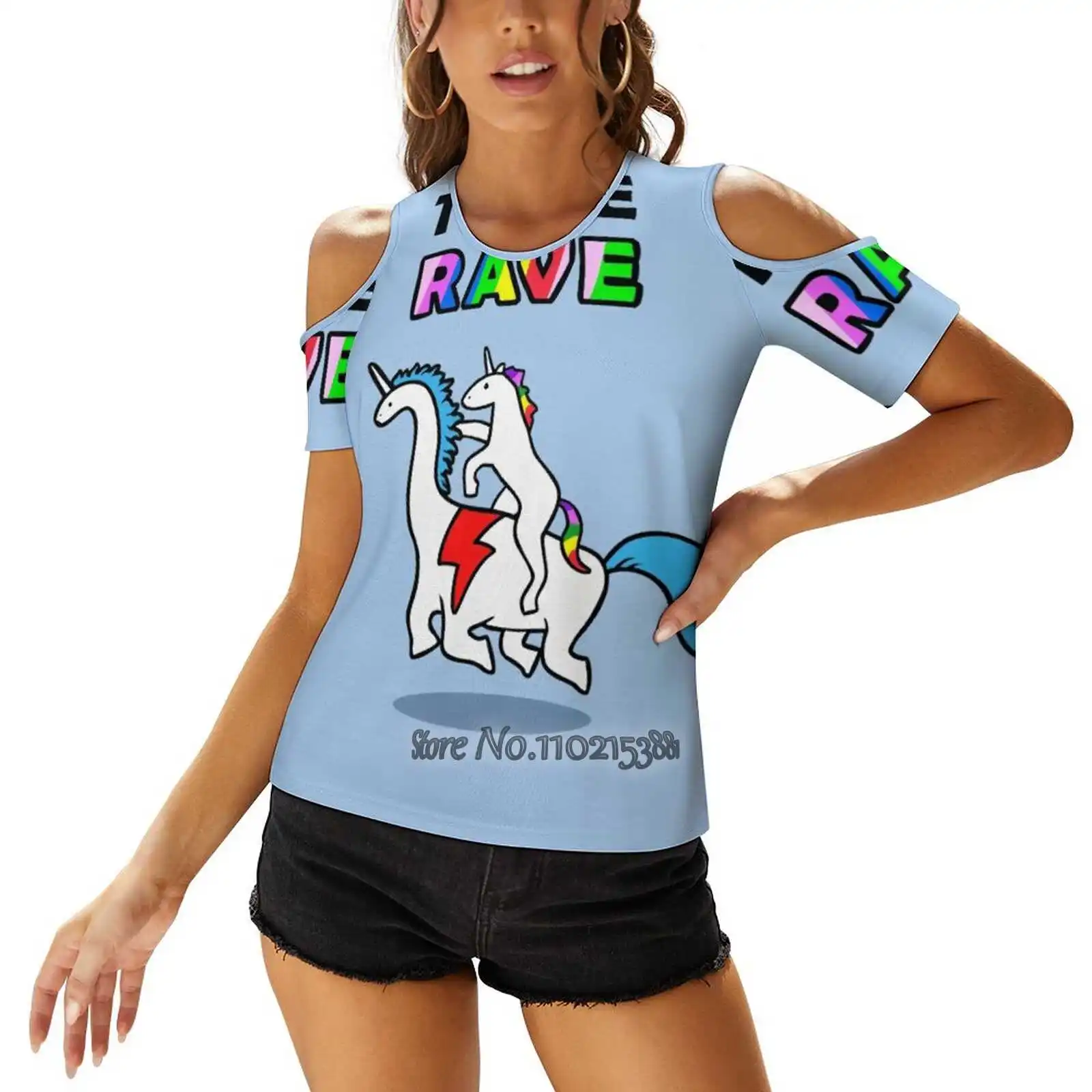 Al Rave! (Unicorn Riding Dinocorn) magliette con stampa di moda T-shirt con allacciatura a una spalla donna donna ragazze top e Tees