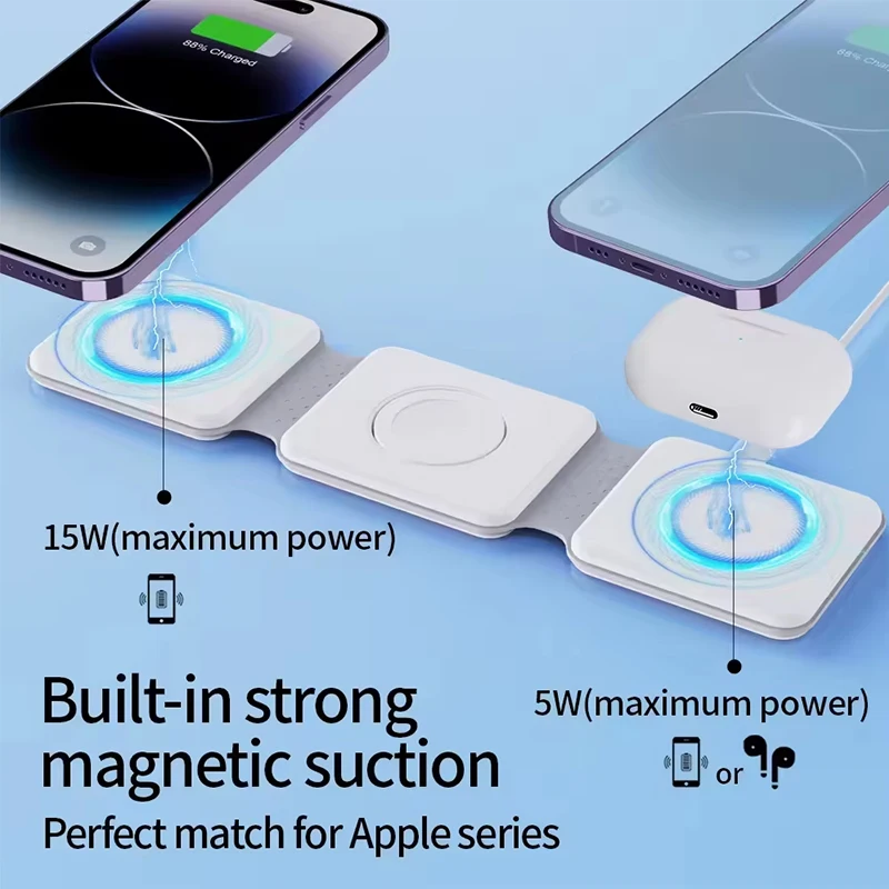 Universal Qi2 Magnetic Foldable Charging Station Travel Charger for iPhone Samsung Xiaomi OPPO 3 in 1 Wireless Charger view 2