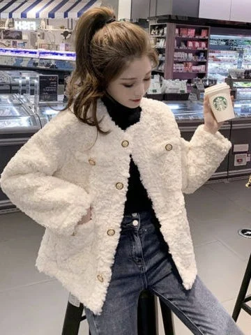 Autumn Winter Women's Thickened Comfortable Lamb Velvet Single Button Cardigan Sweater Fashionable Ageless Stylish Outerwear