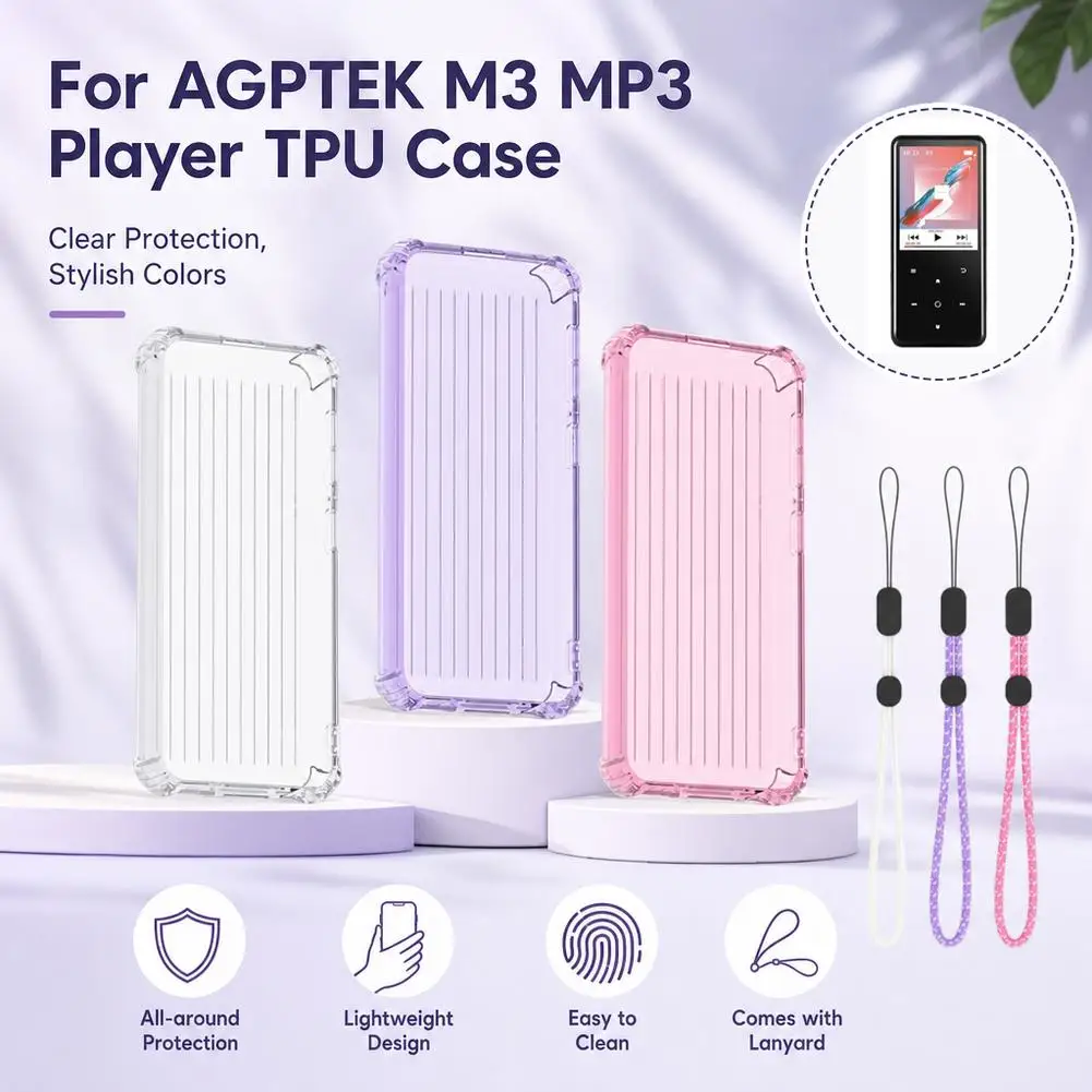 For AGPTEK M3 MP3 Player Case Soft TPU Clear Protective Cover Shockproof Shell With Lanyard Portable Music Player Accessories
